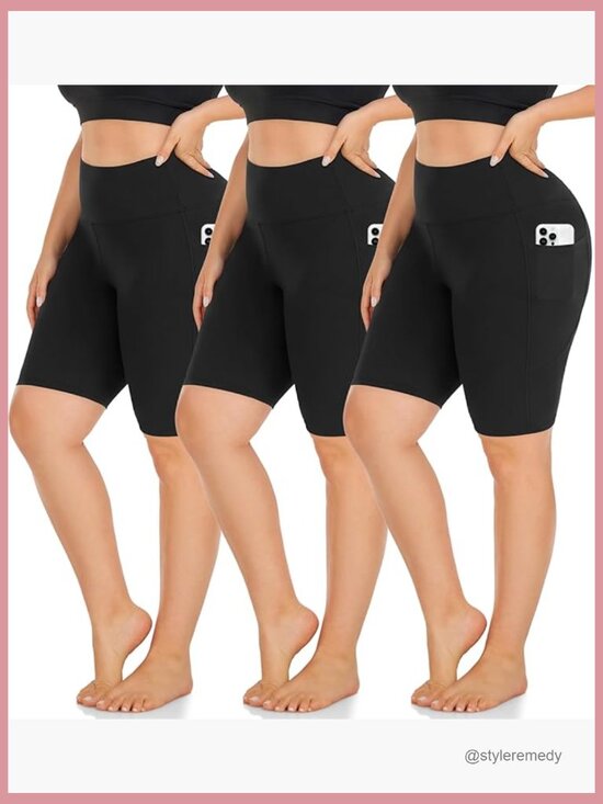Pants - Plus Size 8" Biker Shorts with Pockets - High Waist Non-See Through Workout Yoga